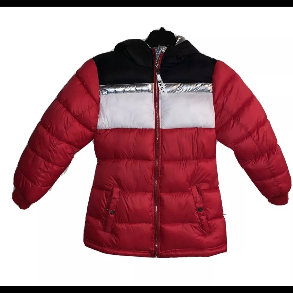 DKNY Puffer Bomber Jacket Red Black and White Accents.